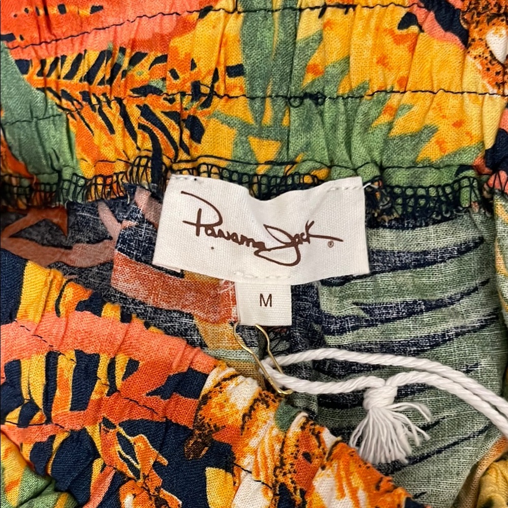 Panama Jack Hawaiian Leaf Print Linen Blend Elastic Waist Floral Wide Leg Pants - Picture 3 of 4